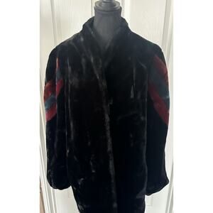 Borgessa Women’s 80s Vintage Faux Fur Black Coat striped sleeves